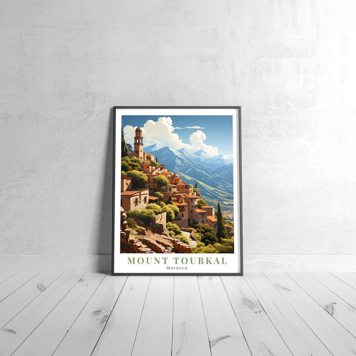 Mount Toubkal Morocco Hillside Village Vintage Travel Poster