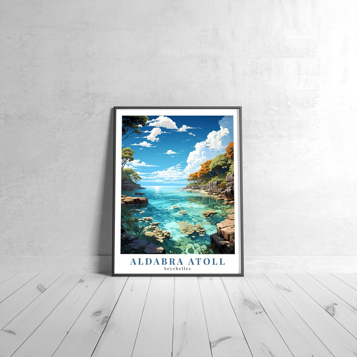 Aldabra Atoll Seychelles Travel Poster Turquoise Lagoon Tropical Coast Art