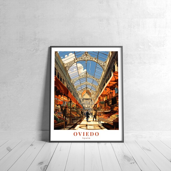 Oviedo Spain Historic Market Hall Glass Roof Vintage Travel Poster