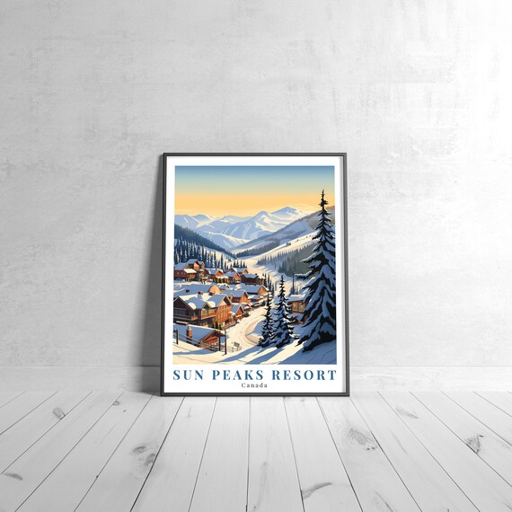 Sun Peaks Resort Canada Vintage Ski Travel Poster Snowy Village Sunset