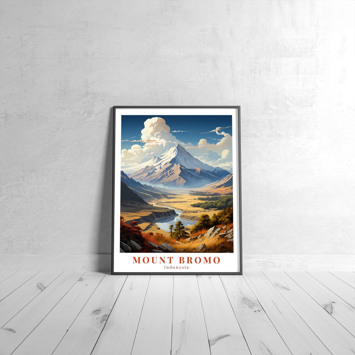 Mount Bromo Indonesia Vintage Travel Poster Volcano Valley River View