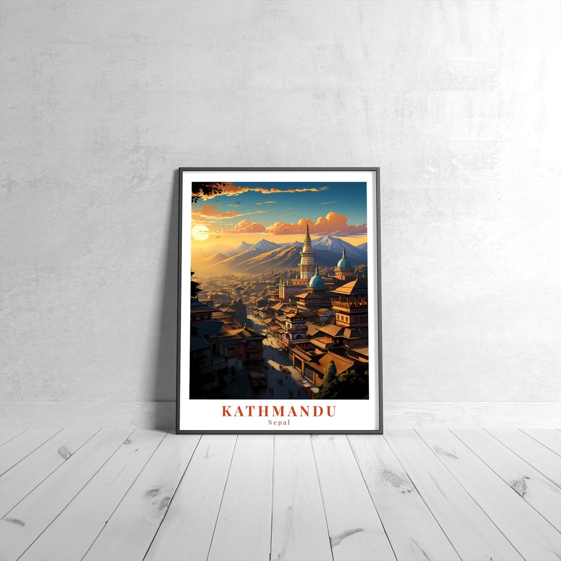 Kathmandu Nepal Golden Sunset Temples Mountain Travel Poster