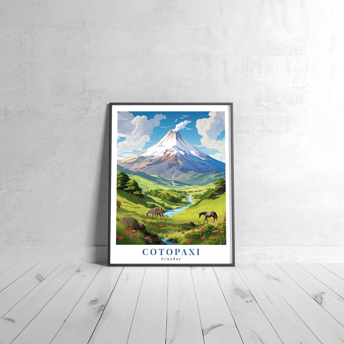 Cotopaxi Volcano Ecuador Vintage Travel Poster Andes Horses Valley Landscape
