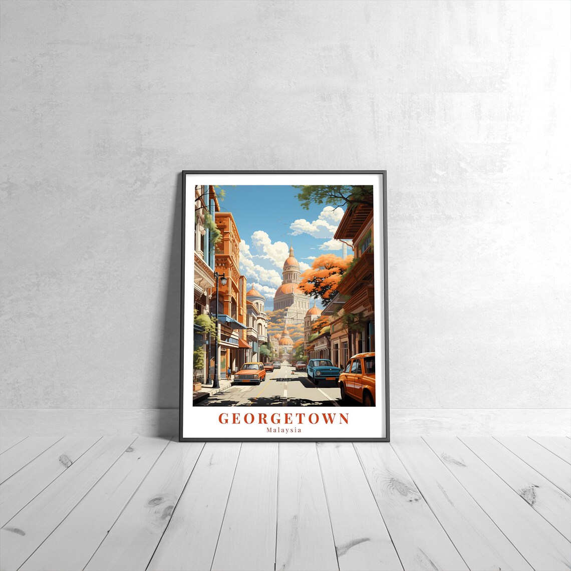 Georgetown Malaysia Vintage Travel Poster Colonial Street Scene