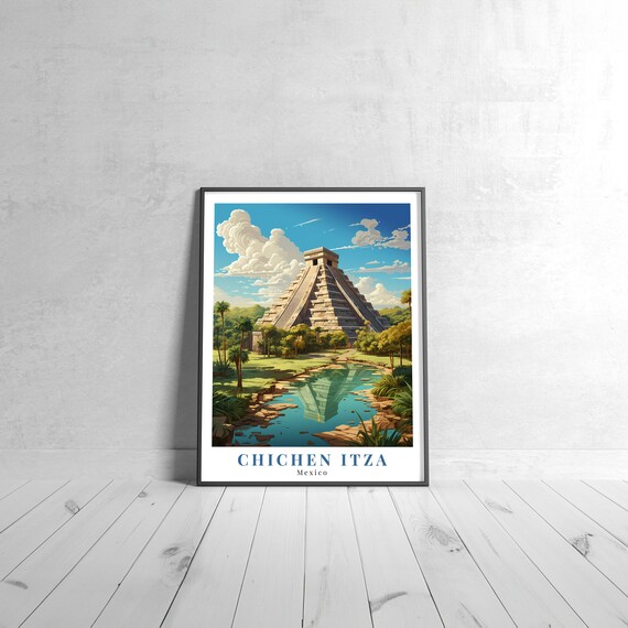 Chichen Itza Mexico Vintage Travel Poster Mayan Pyramid Reflection Scene
