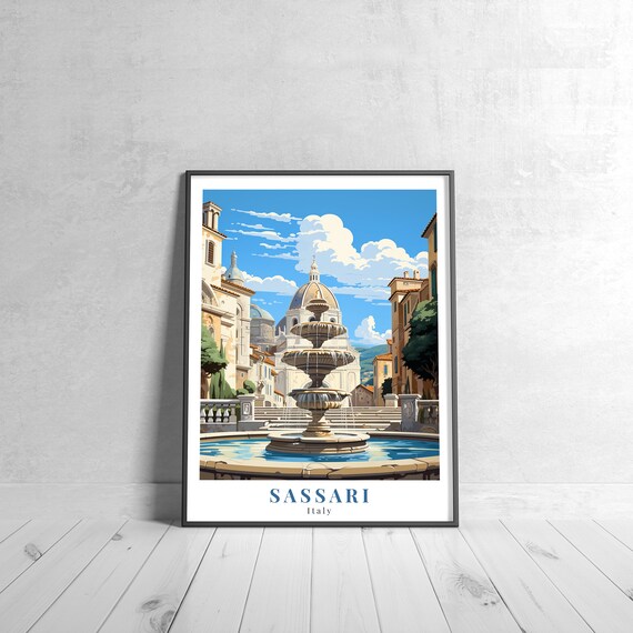 Sassari Italy Vintage Travel Poster Grand Fountain Piazza Illustration