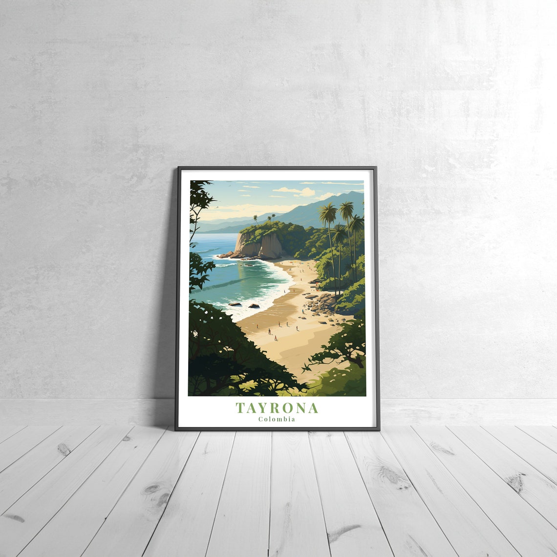 Tayrona Colombia Vintage Travel Poster with Tropical Beach and Palms