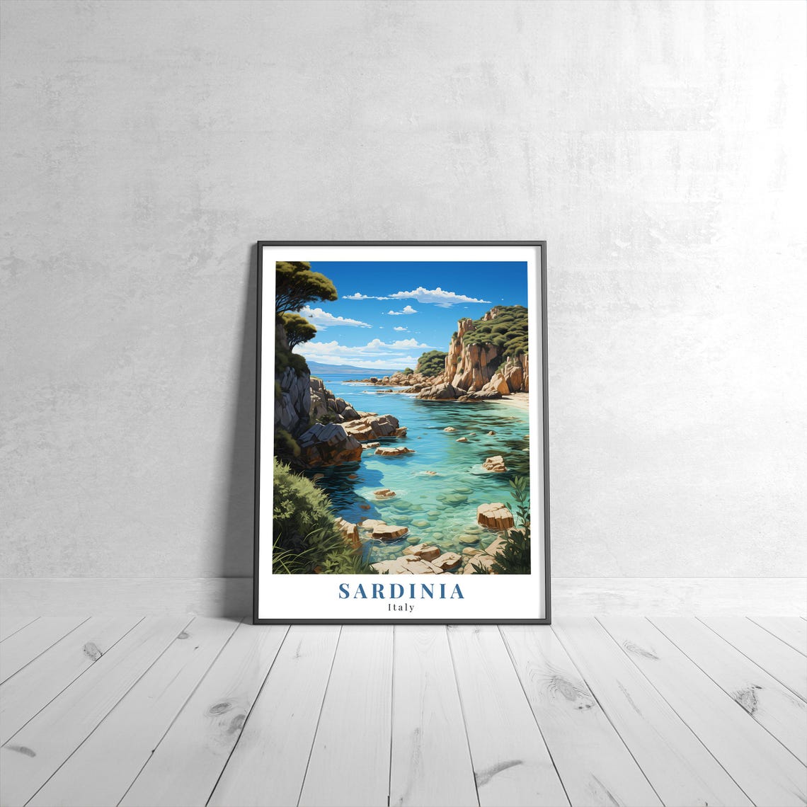 Sardinia Italy Turquoise Coastal Cove Rocky Cliffs Travel Poster