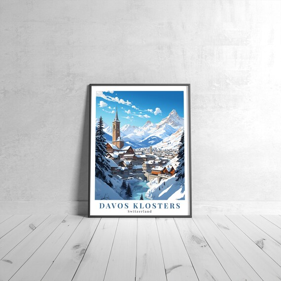 Davos Klosters Switzerland Snowy Alpine Town Vintage Travel Print