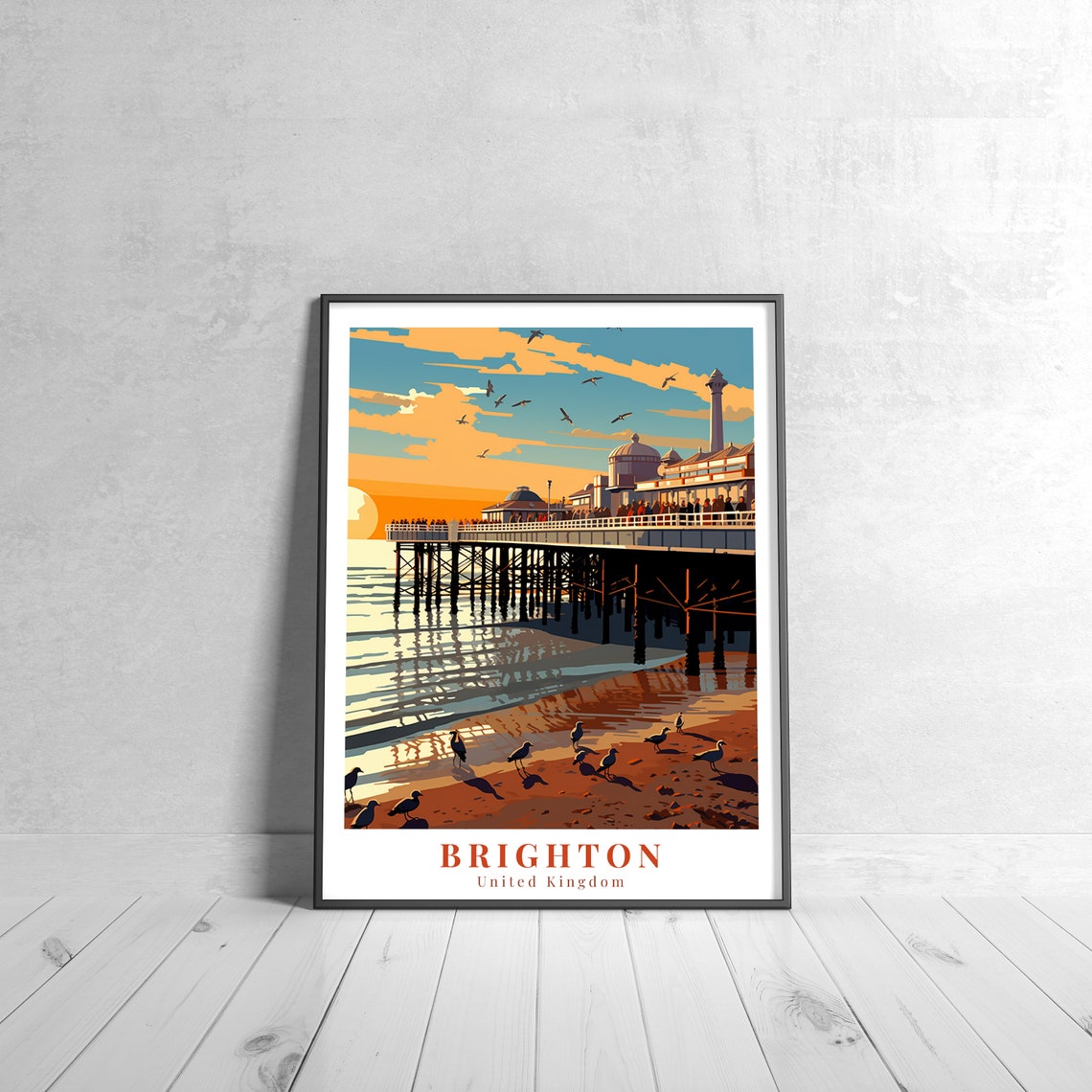 Brighton Sunset Pier and Beach Seagulls Vintage Travel Poster