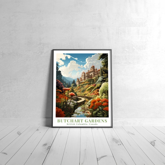 Butchart Gardens Vintage Travel Poster Retro British Columbiacanada Art Print Colorful Home Decor Wall Unique Gift