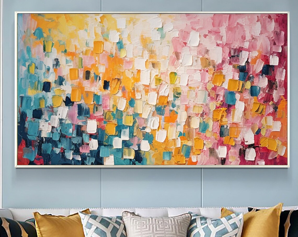 Colorful Mosaic Squares Abstract Pink Blue Yellow Art Poster