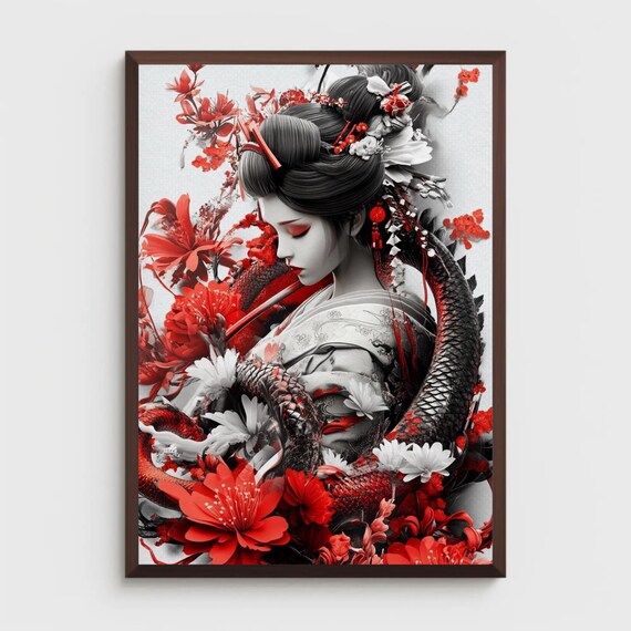 Geisha And Dragon A Japanese Inspired Art Piece Wall Art Black White And Red Poster Art For Living Room