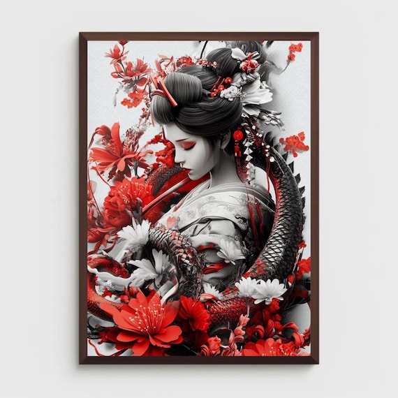 Striking Japanese Geisha Portrait Black White Red Dragon Floral Poster