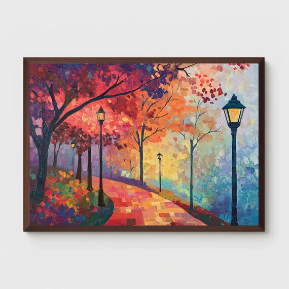 Autumn Park Path Lamplight Trees Impressionist Painting Poster