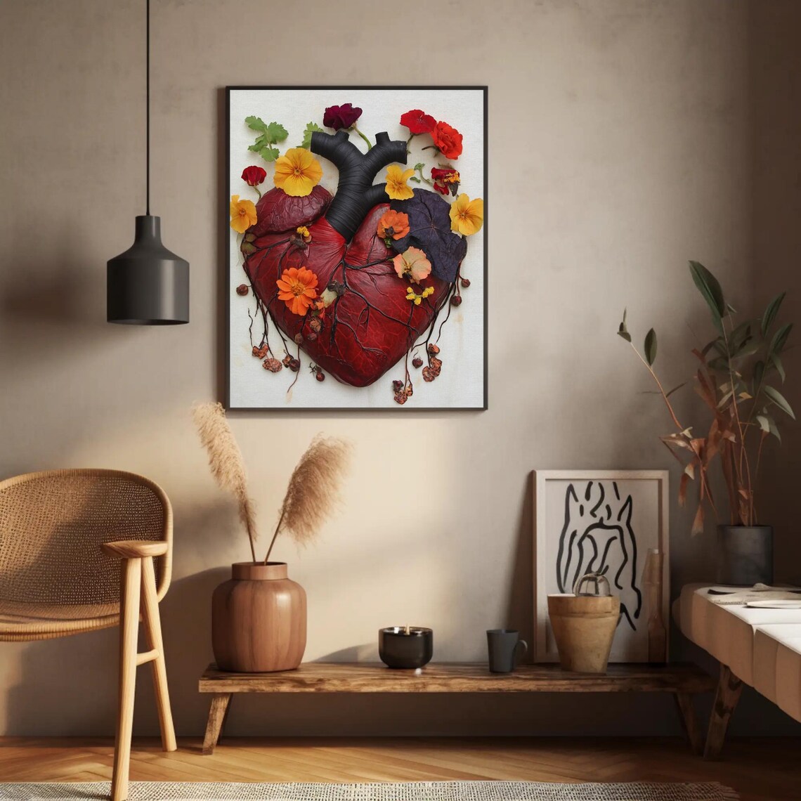 Anatomical Heart with Flowers Pressed Floral Botanical Art Poster - Image 3