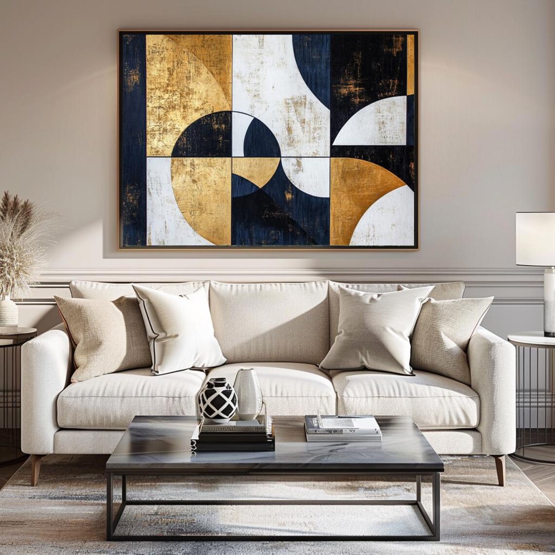 Bauhaus Geometric Arches Gold Navy White Abstract Art Poster - Image 4