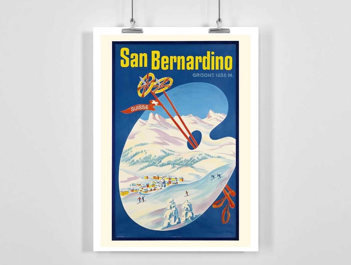 San Bernardino Grisons Switzerland Vintage Ski Travel Poster