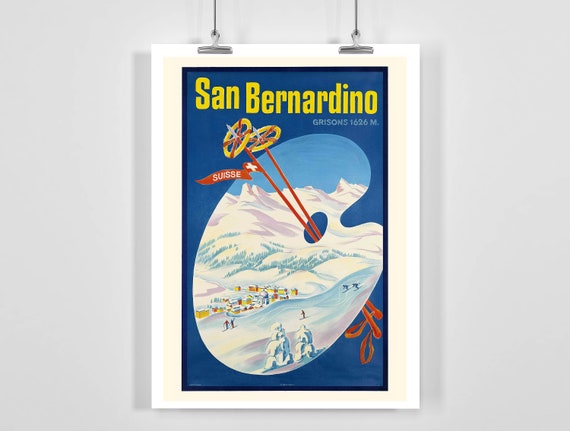 San Bernardino Grisons 1626m Graubnden Alps Switzerland Vintage Ski Poster Framed Unframed