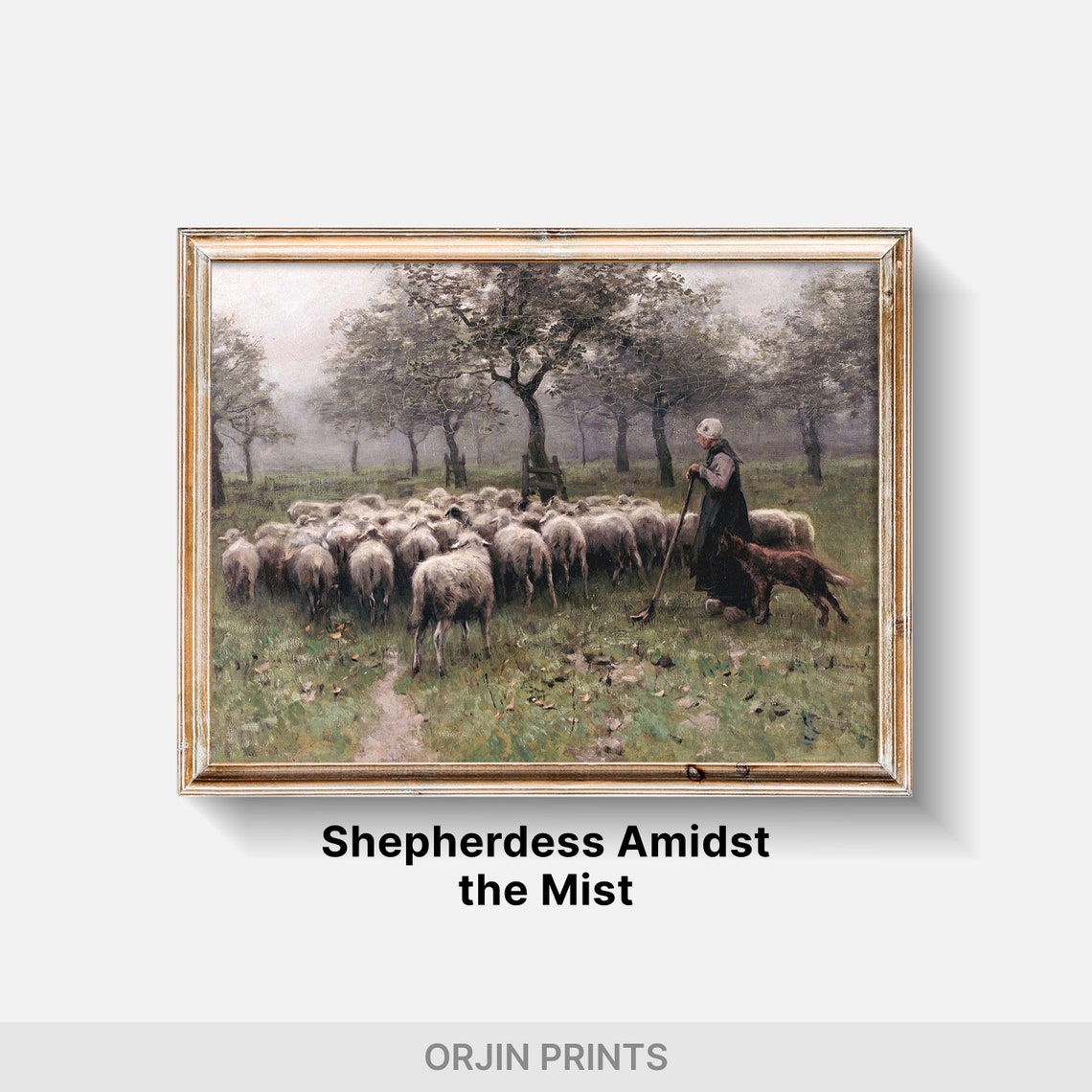 Shepherdess With Sheep Flock Misty Pasture Oil Painting Wall Art - Image 2