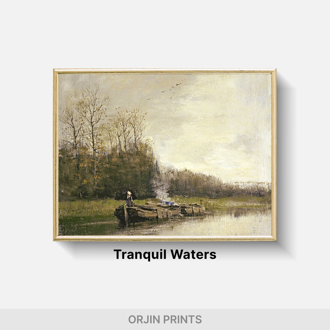 Misty River Barge Lone Figure Calm Vintage Landscape Art Poster - Image 2