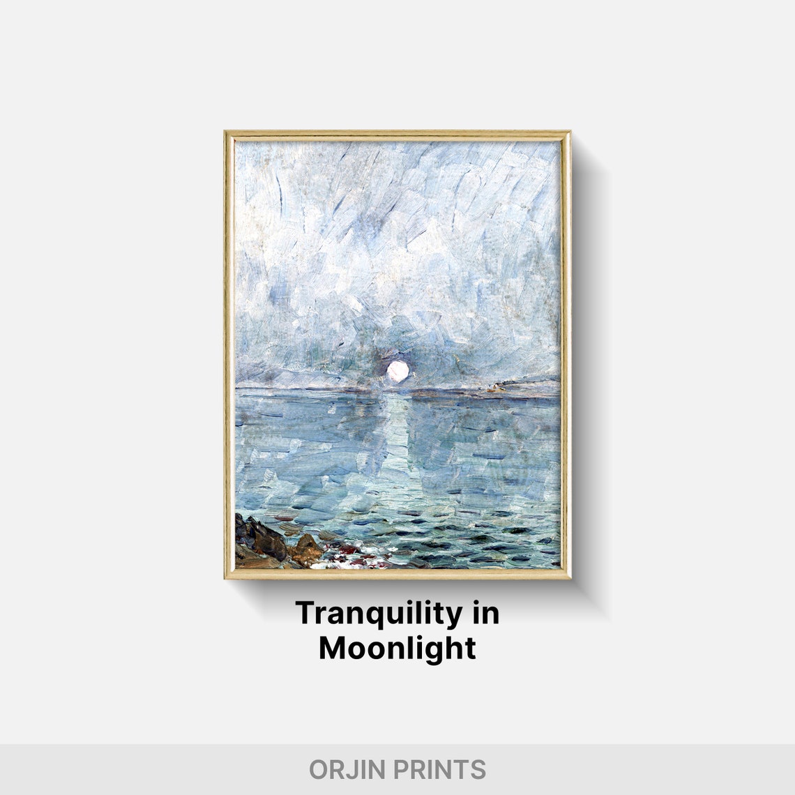 Moonlit Seascape Pale Blue Waves Vintage Painting Style Wall Art - Image 2