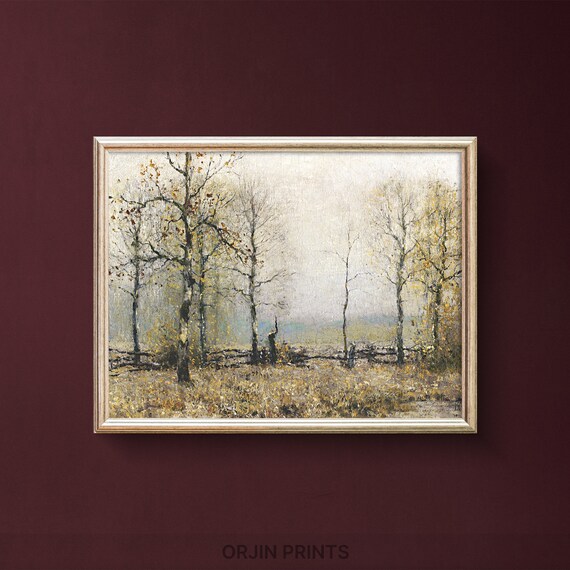 Golden Autumn Birch Forest Rustic Fence Vintage Painting Style Print