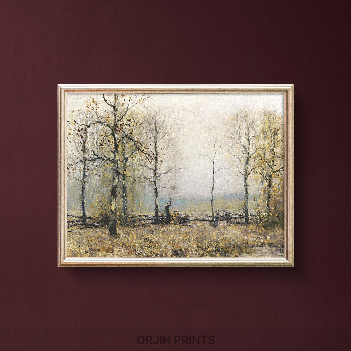 Golden Autumn Birch Forest Rustic Fence Vintage Painting Style Print