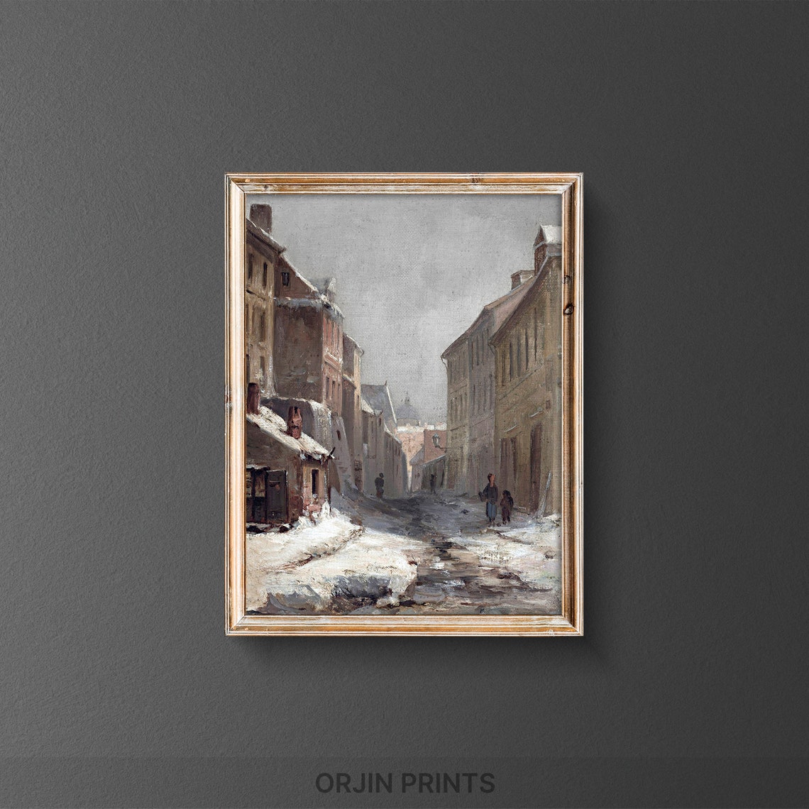 Snowy Old Town Street Winter Scene Vintage Painting Style Poster