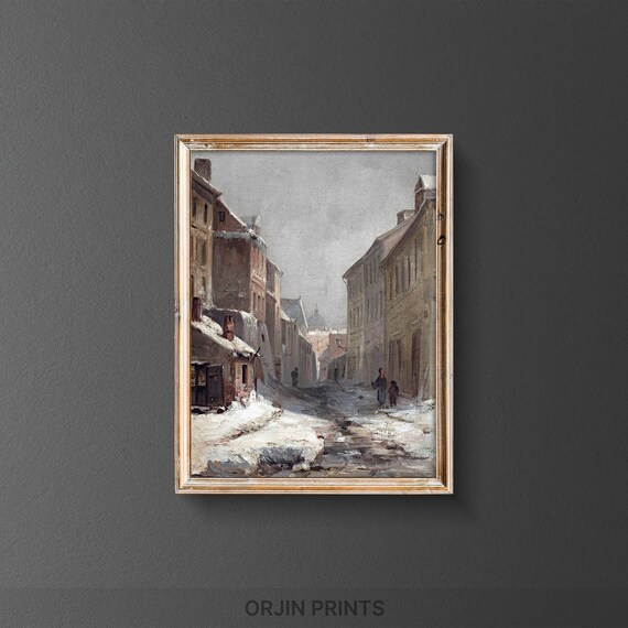 Snowy Old Town Street Winter Scene Vintage Painting Style Poster