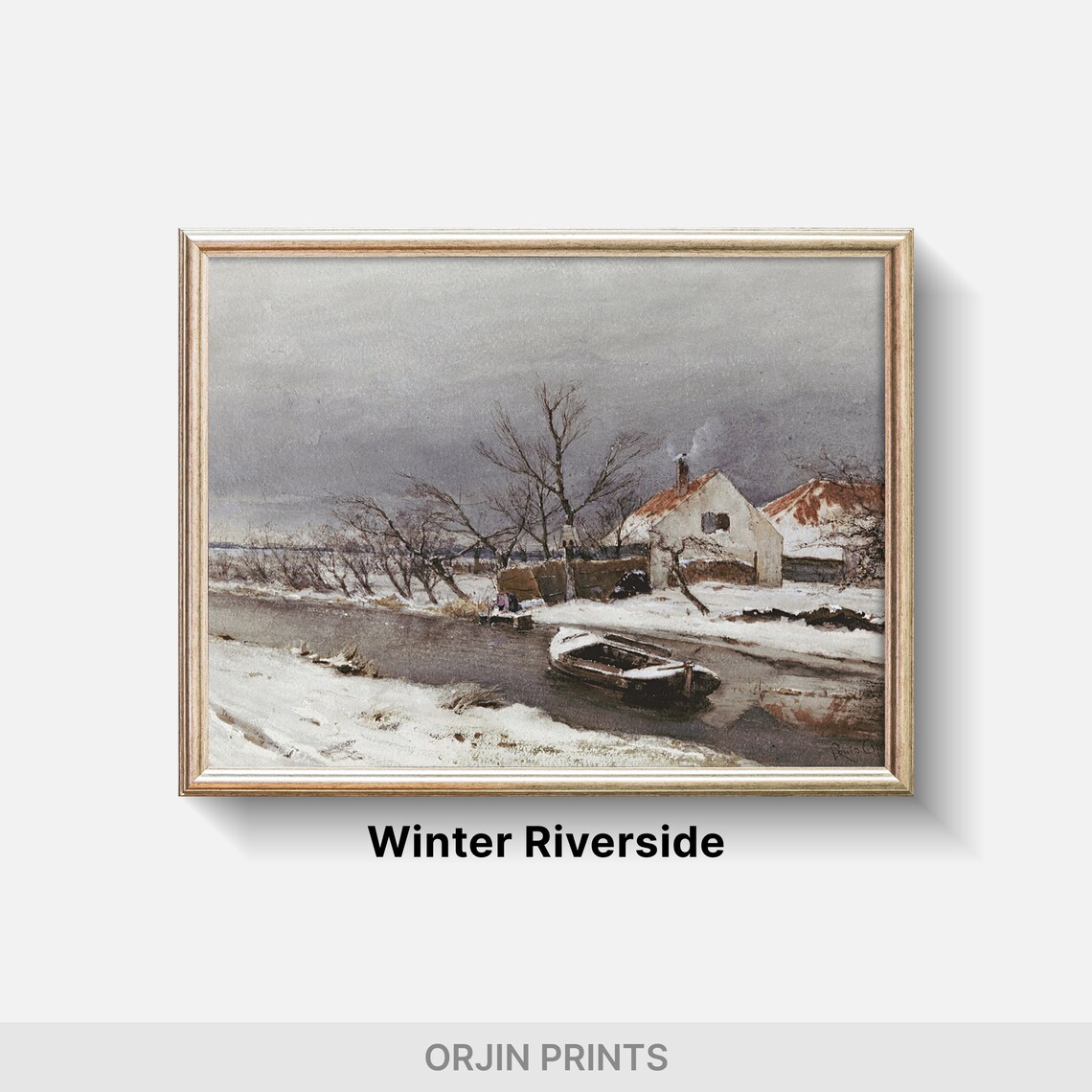 Snowy Canal Rowboat Winter Cottage Landscape Vintage Art Poster - Image 2