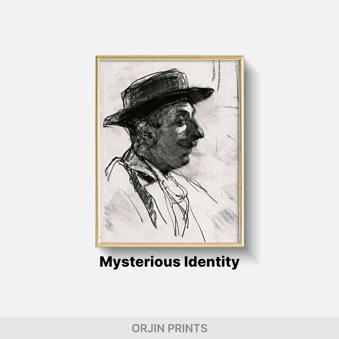 Charcoal Portrait Sketch Man Profile Wide Brim Hat Art Poster - Image 2