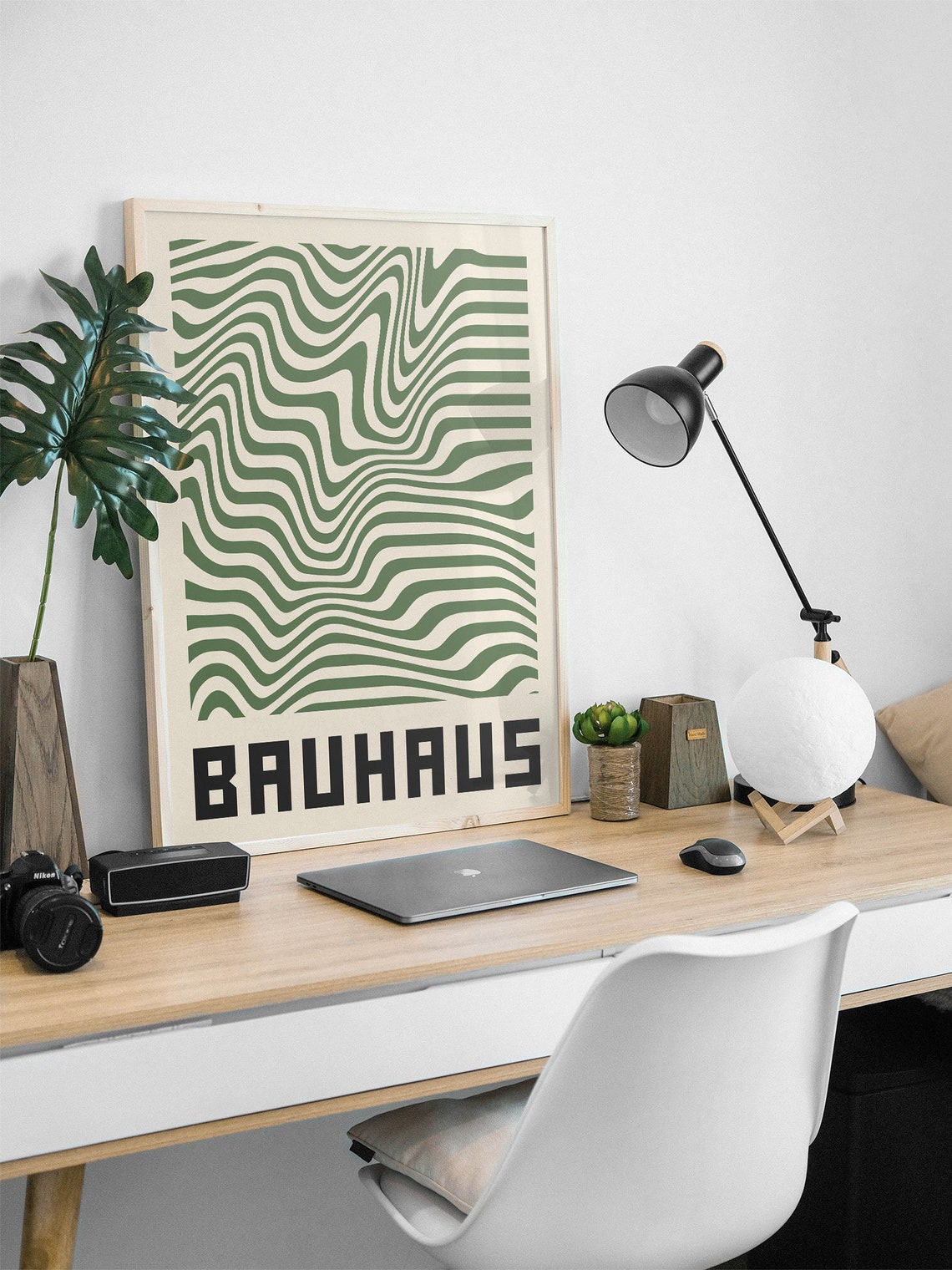 Bauhaus Green Wavy Lines Mid Century Modern Abstract Art Poster - Image 2