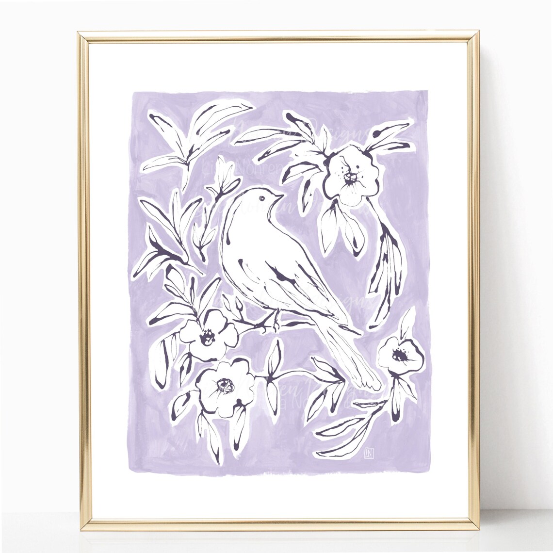 White Bird Among Flowers Lavender Chinoiserie Style Art Poster