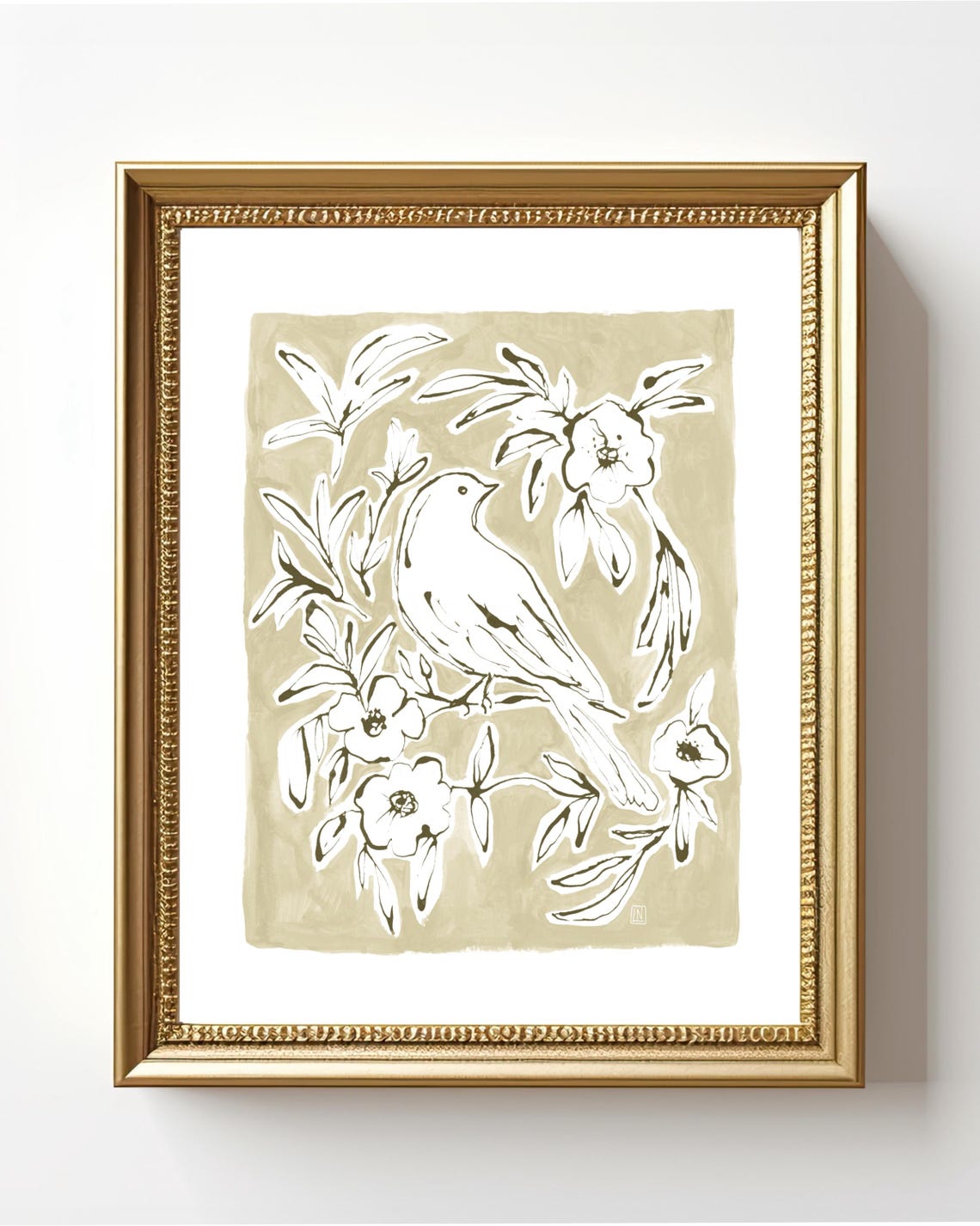 Bird and Blossoms Neutral Beige Chinoiserie Botanical Art Poster
