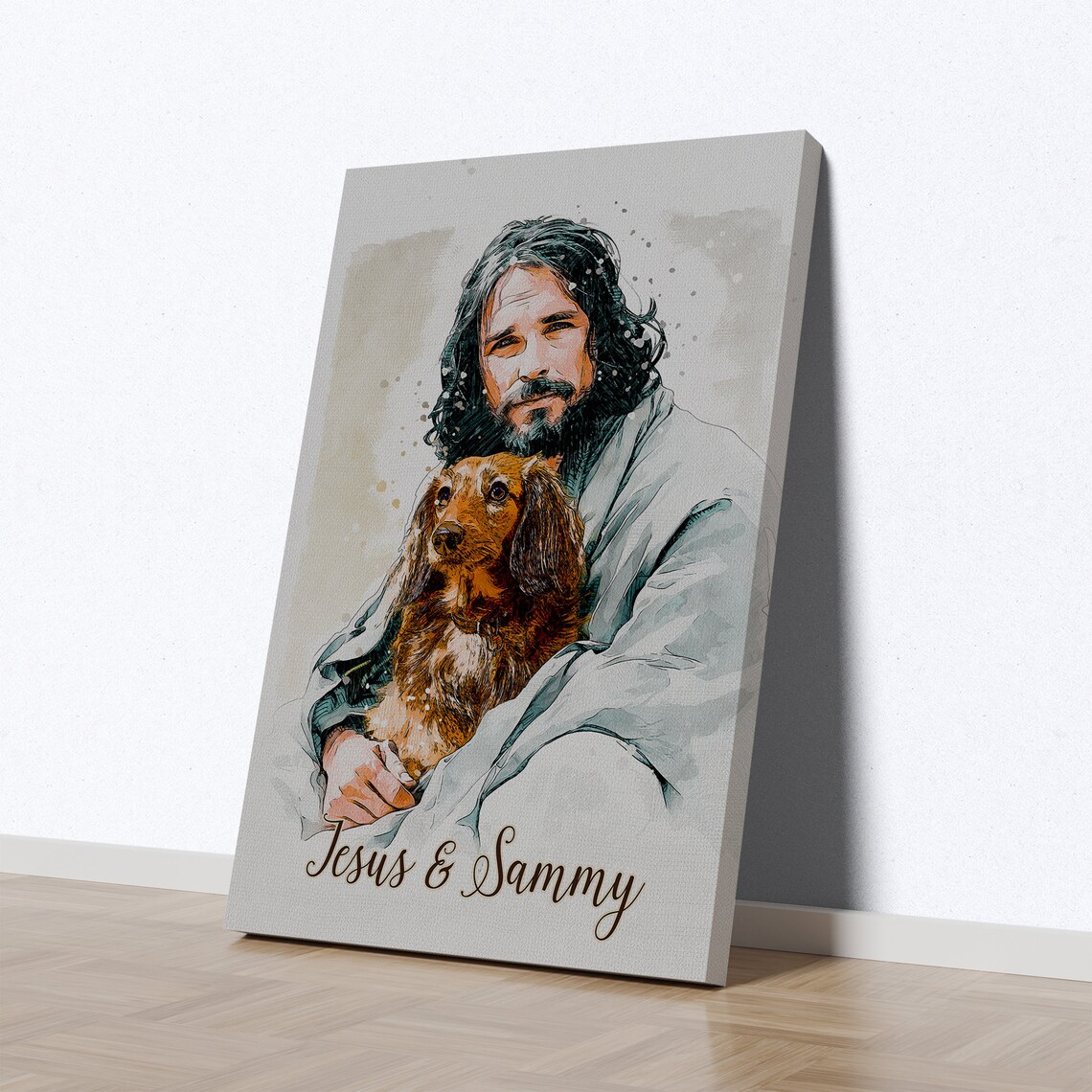 Jesus Holding Golden Retriever Sammy Framed Watercolor Memorial Poster - Image 4