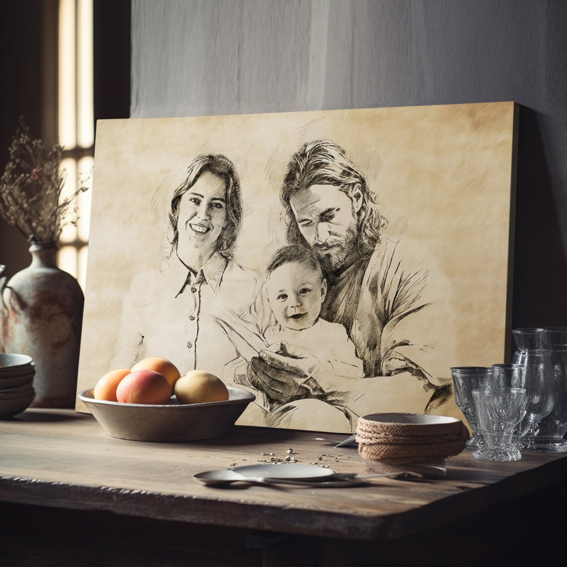 Custom Pencil Sketch Portrait of Mom Baby and Jesus Reading Together Poster - Image 3