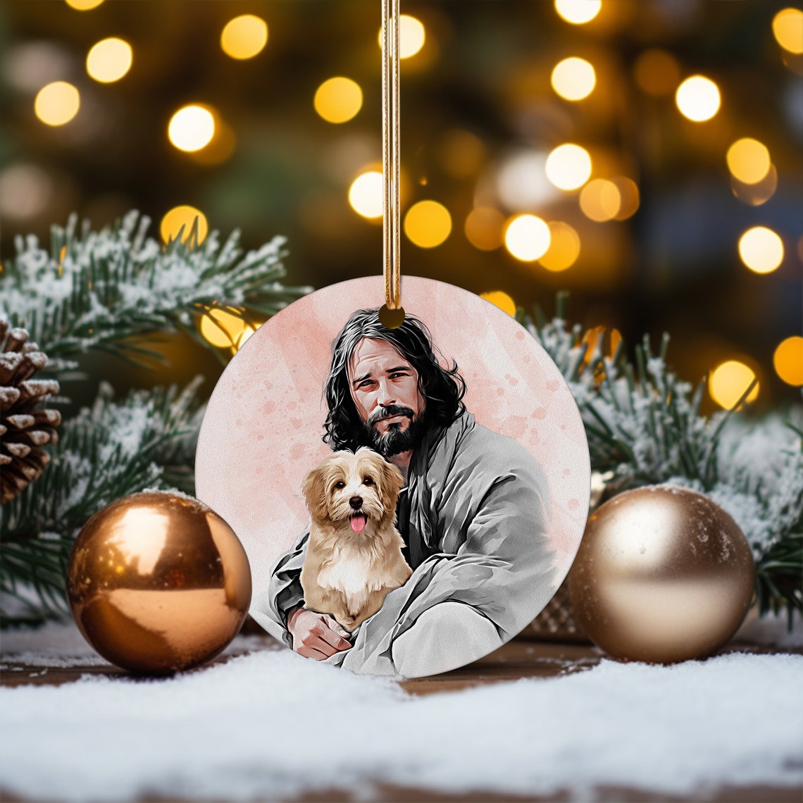 Personalized Safe In The Arms Of God Watercolor Ornament Jesus Holding Dog Memorial Xmas Gift Child And Dogs Decor Christ And Dog Art - Image 5