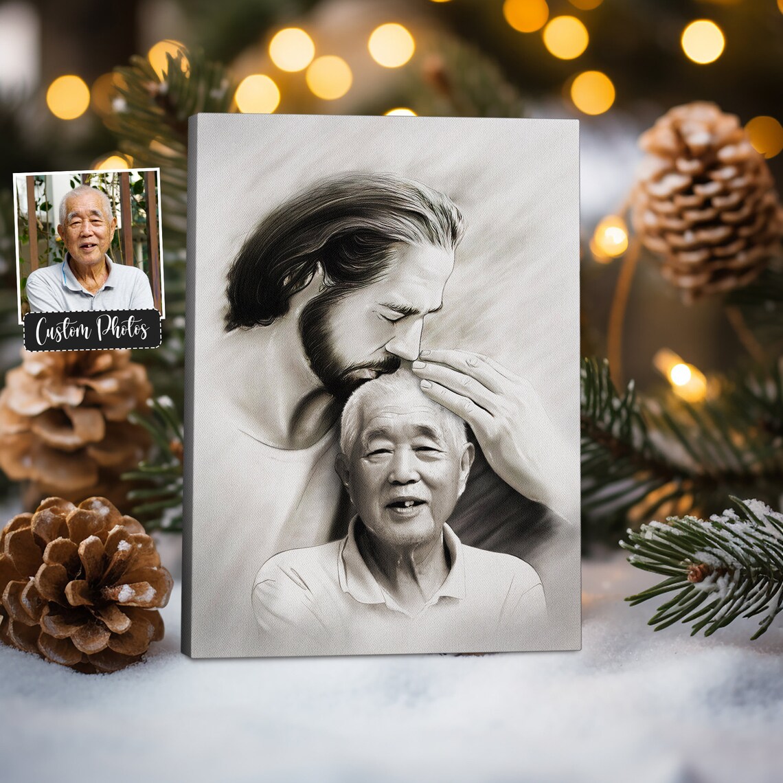 Jesus Blessing an Elderly Father Black and White Sketch Memorial Poster