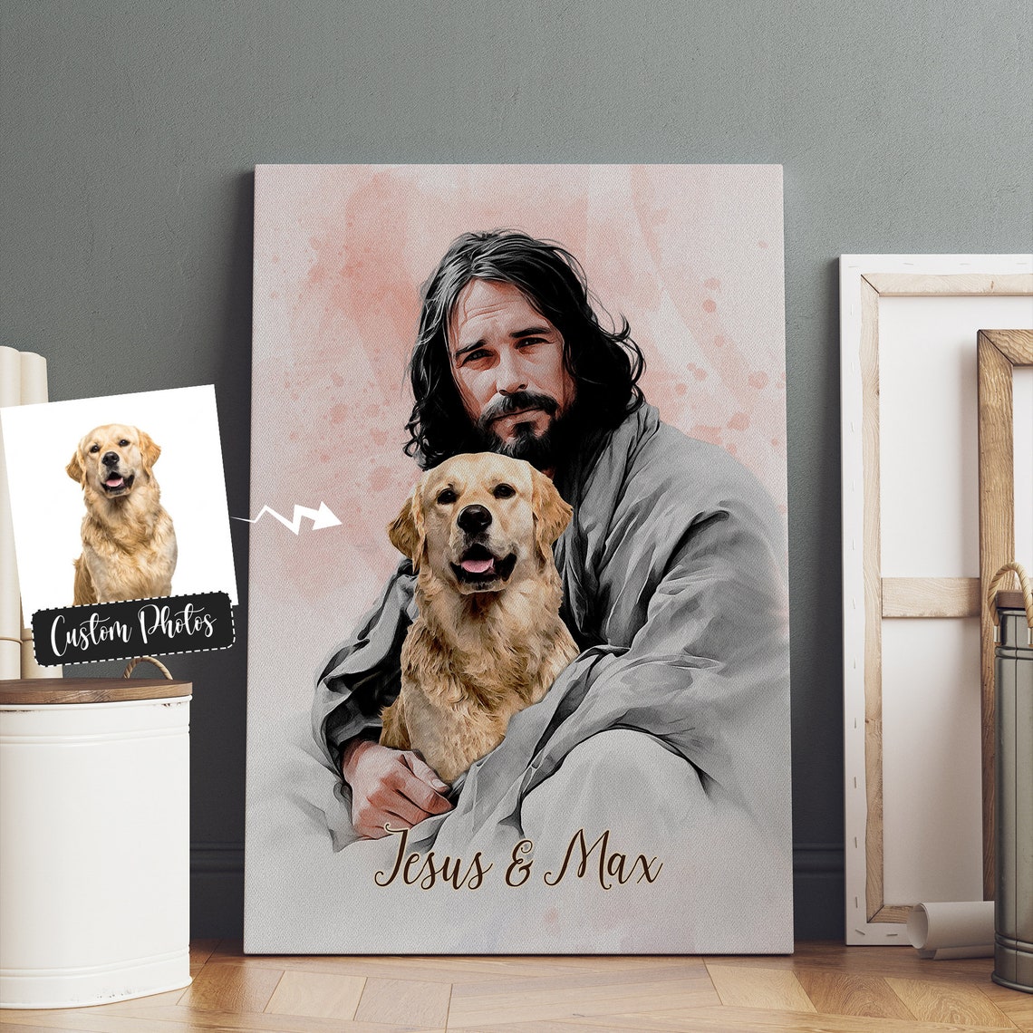 Jesus Holding Long Haired Dachshund Custom Pet Portrait Poster - Image 3