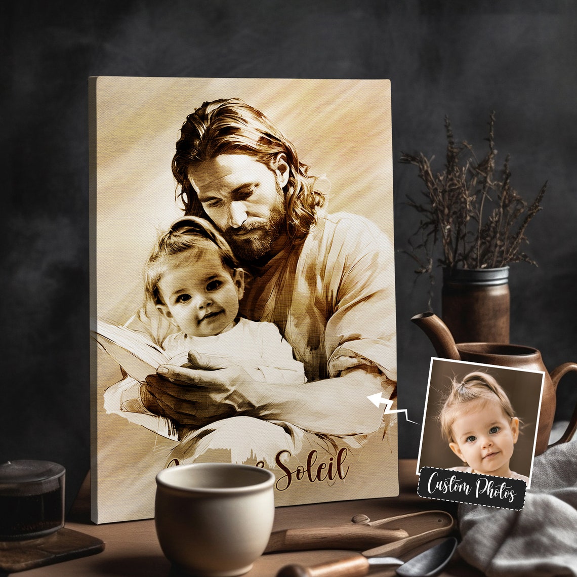 Jesus Reading to Baby Ezra Sepia Framed Personalized Memorial Wall Art - Image 6