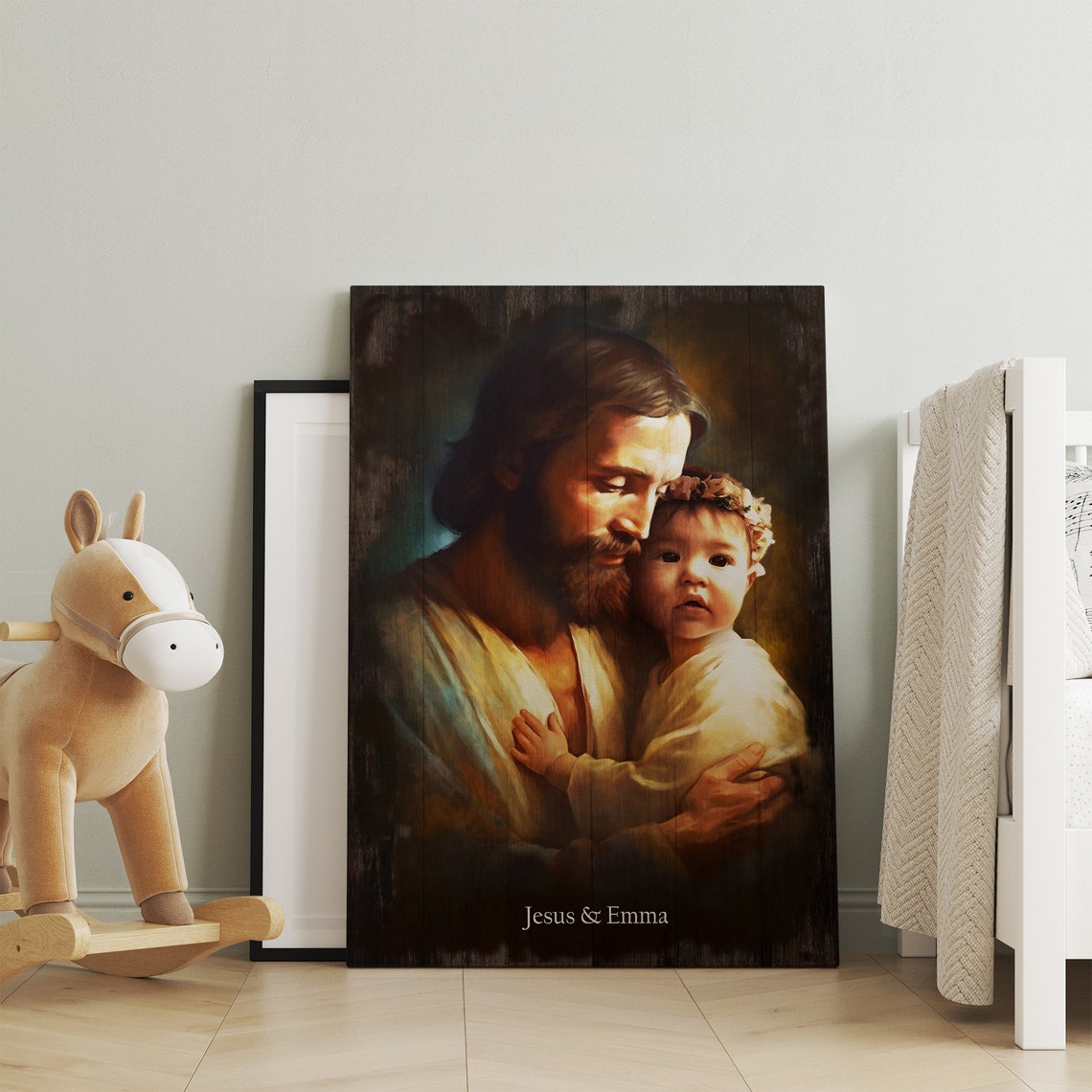 Personalized Your Child Safe In The Arms Of God Child And God Jesus Holding Baby Wall Art Christ And Baby Christian Wall Art - Image 2