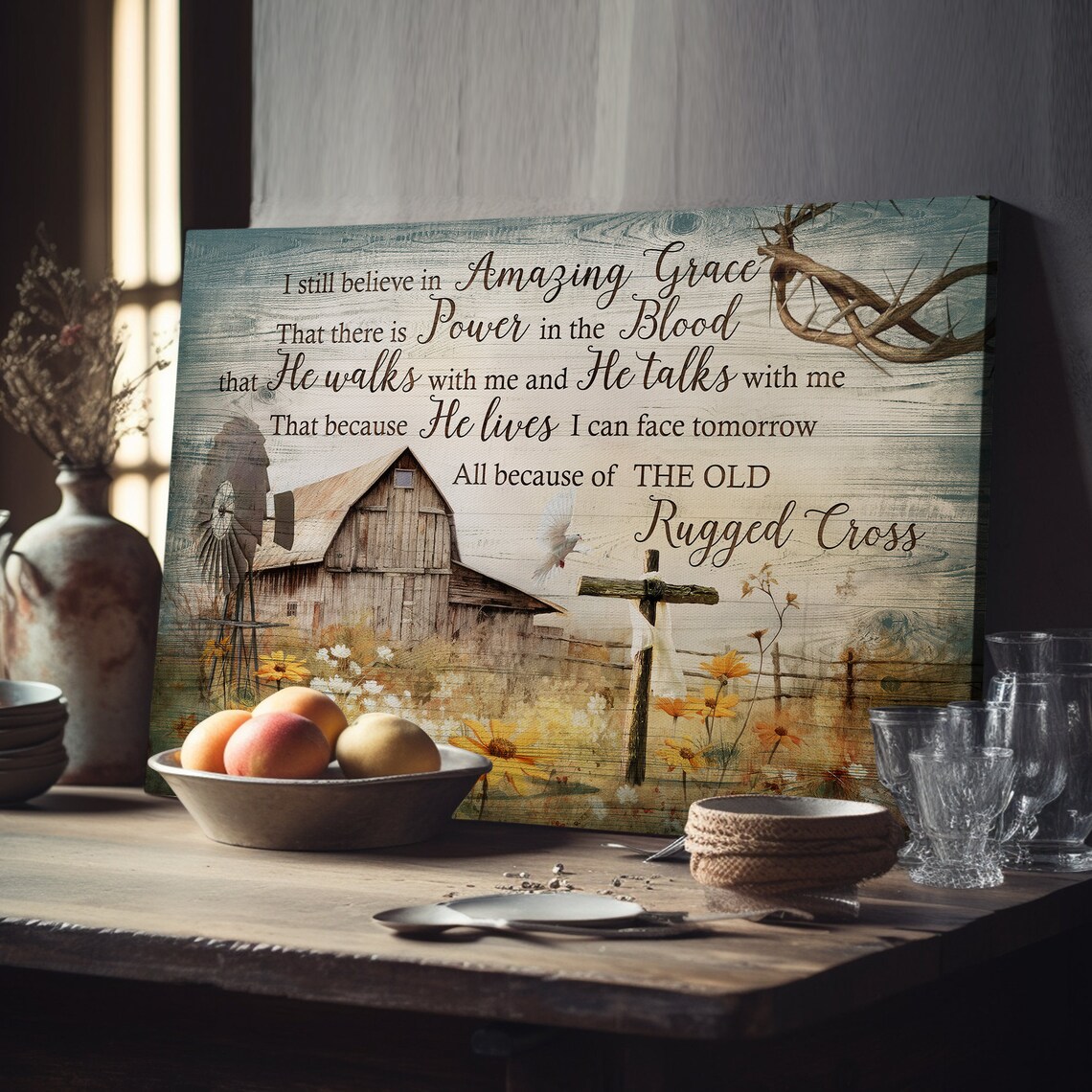 Amazing Grace Farmhouse Barn Rugged Cross Christian Faith Poster - Image 4