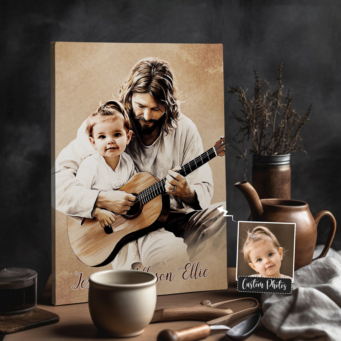 Jesus Playing Guitar With Toddler Asher Roman Sepia Watercolor Poster - Image 5