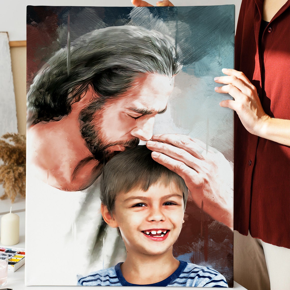 Jesus Blessing Smiling Little Girl Oil Paint Custom Photo Poster - Image 3