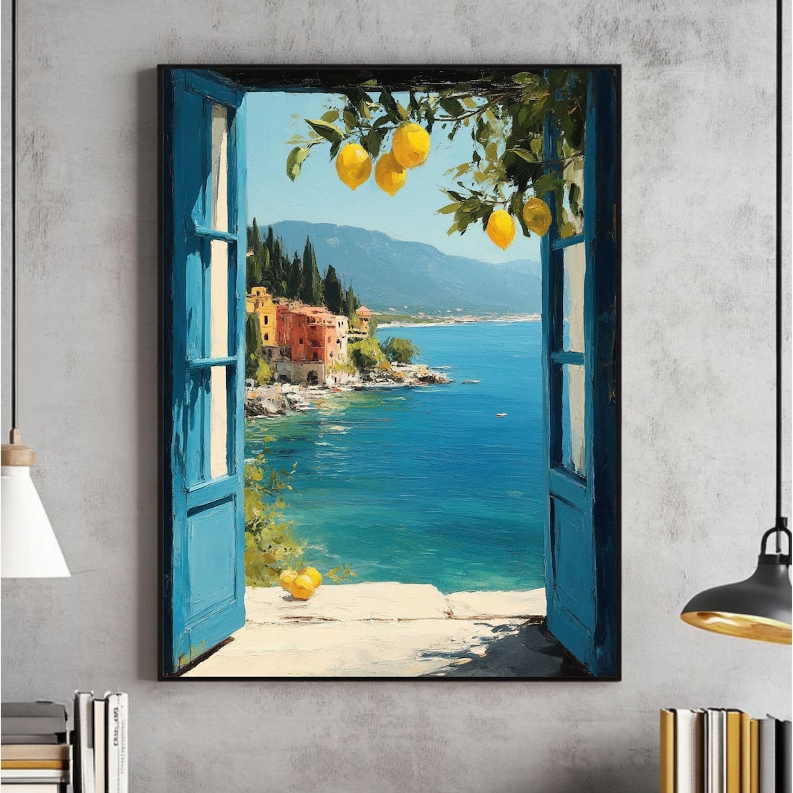 Mediterranean Window View Art Print, Italian Seaside