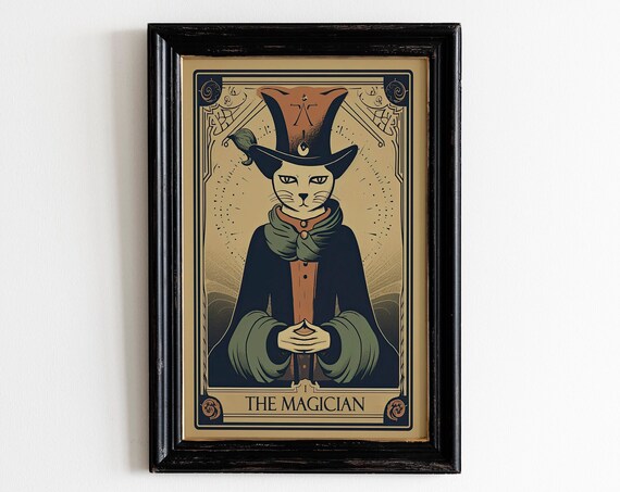 The Magician Tarot Card Cat Top Hat Boho Witchy Vintage Art Poster