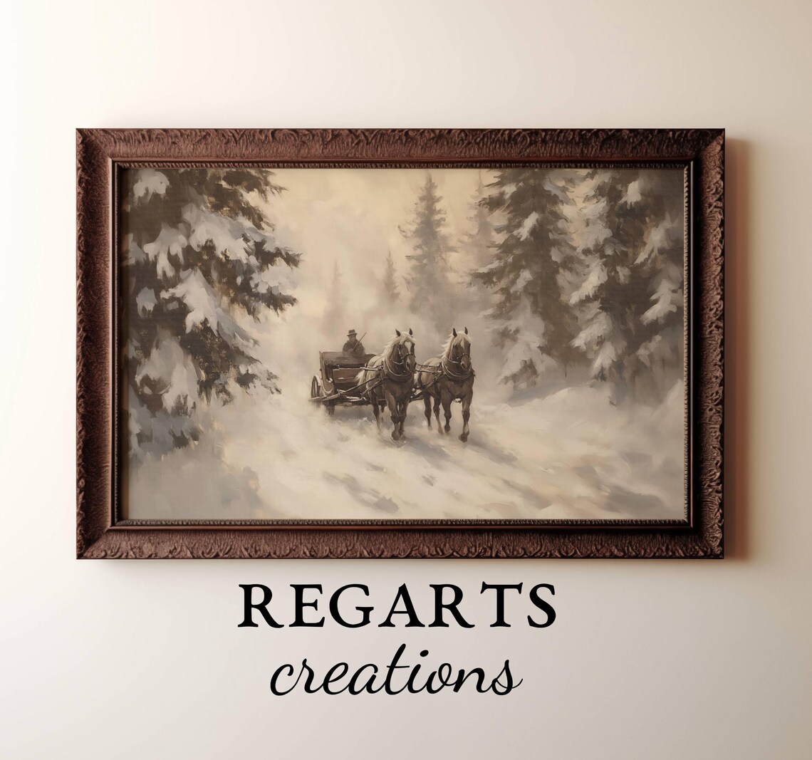 Antique Horse Sleigh Ride Through Snowy Forest Oil Painting Poster - Image 3