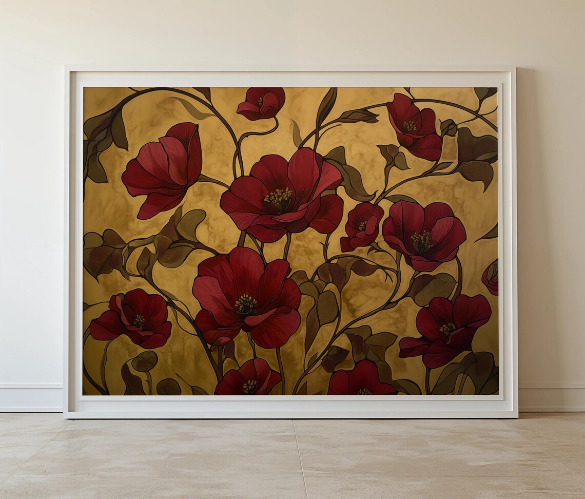 Art Nouveau Red Floral On Gold Elegant Vintage Botanical Poster - Image 7