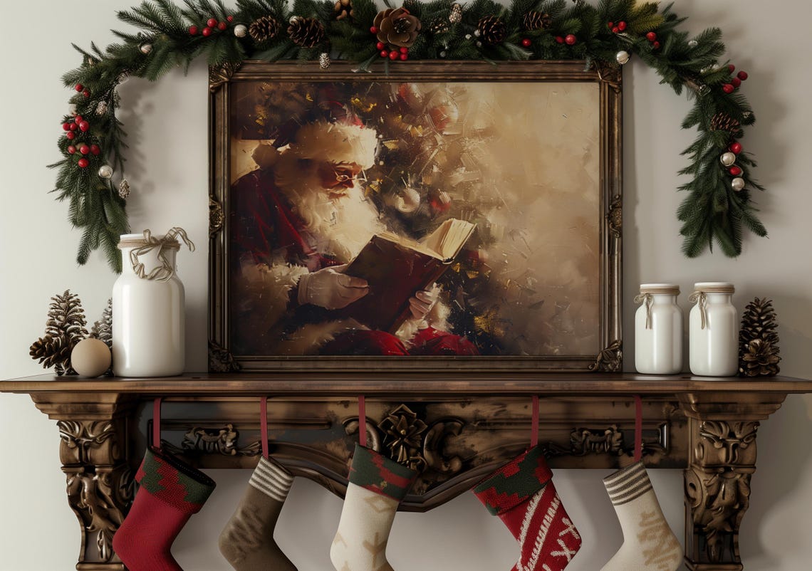 Vintage Santa Claus Reading A Book Antique Style Christmas Poster